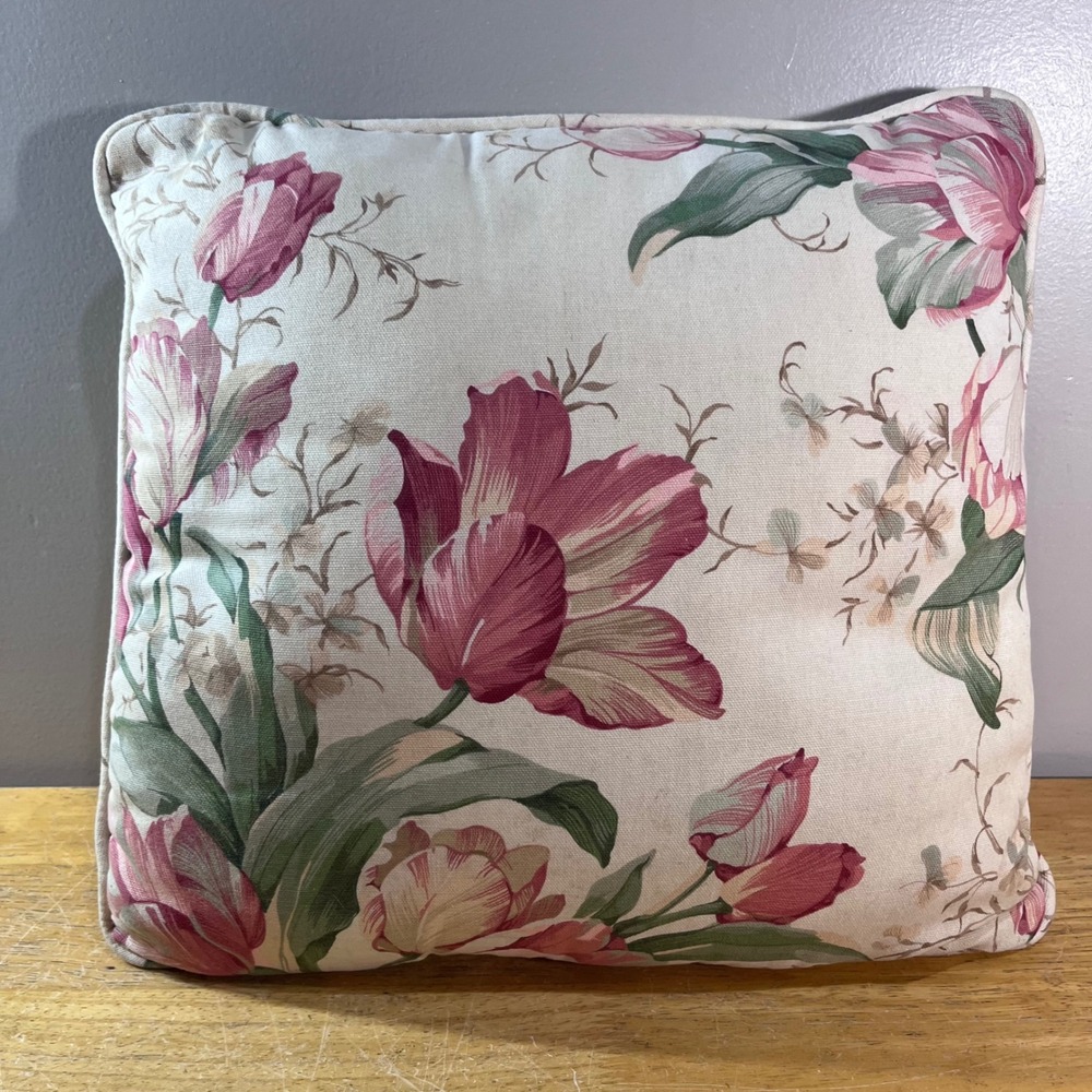 Vtg Waverly Garden Room Lane Pink Tulip Floral Throw Pillow 16x16 Cottagecore